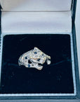 1950s 14K WHITE GOLD DIAMOND BLUE SAPPHIRE SNOW LEOPARD RING