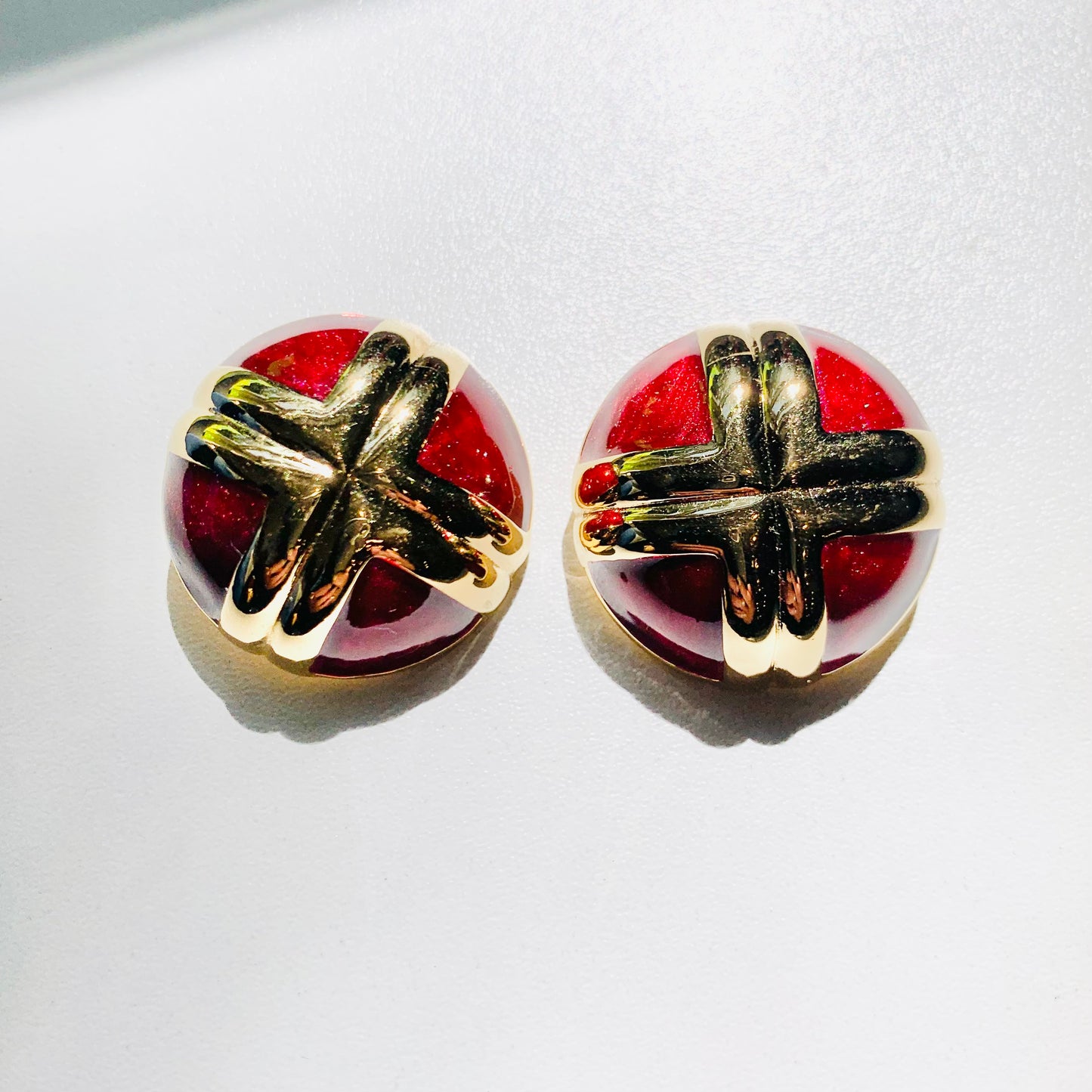 1980s LARGE BURGUNDY ENAMEL CLIP ON EARRINGS