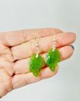 1950s SILVER CARVED JADE DROPLETS EARRINGS WITH LEAF MOTIVE