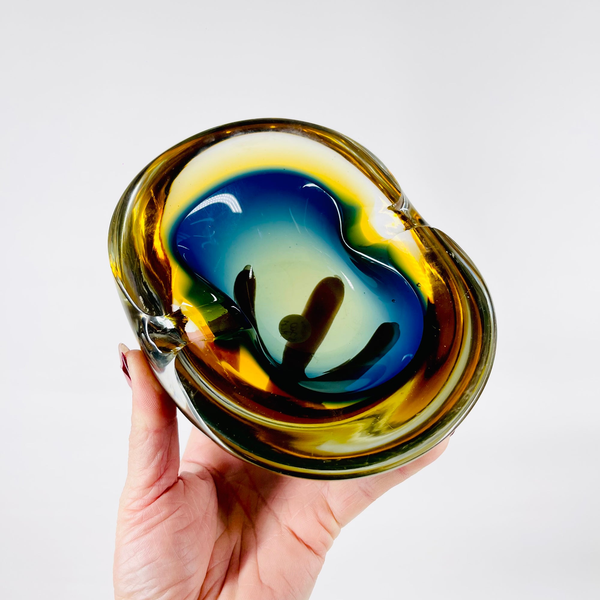 1950s COBALT BLUE TEAL AMBER MURANO SOMMERSO GLASS PINCHED BOWL/ASHTRAY