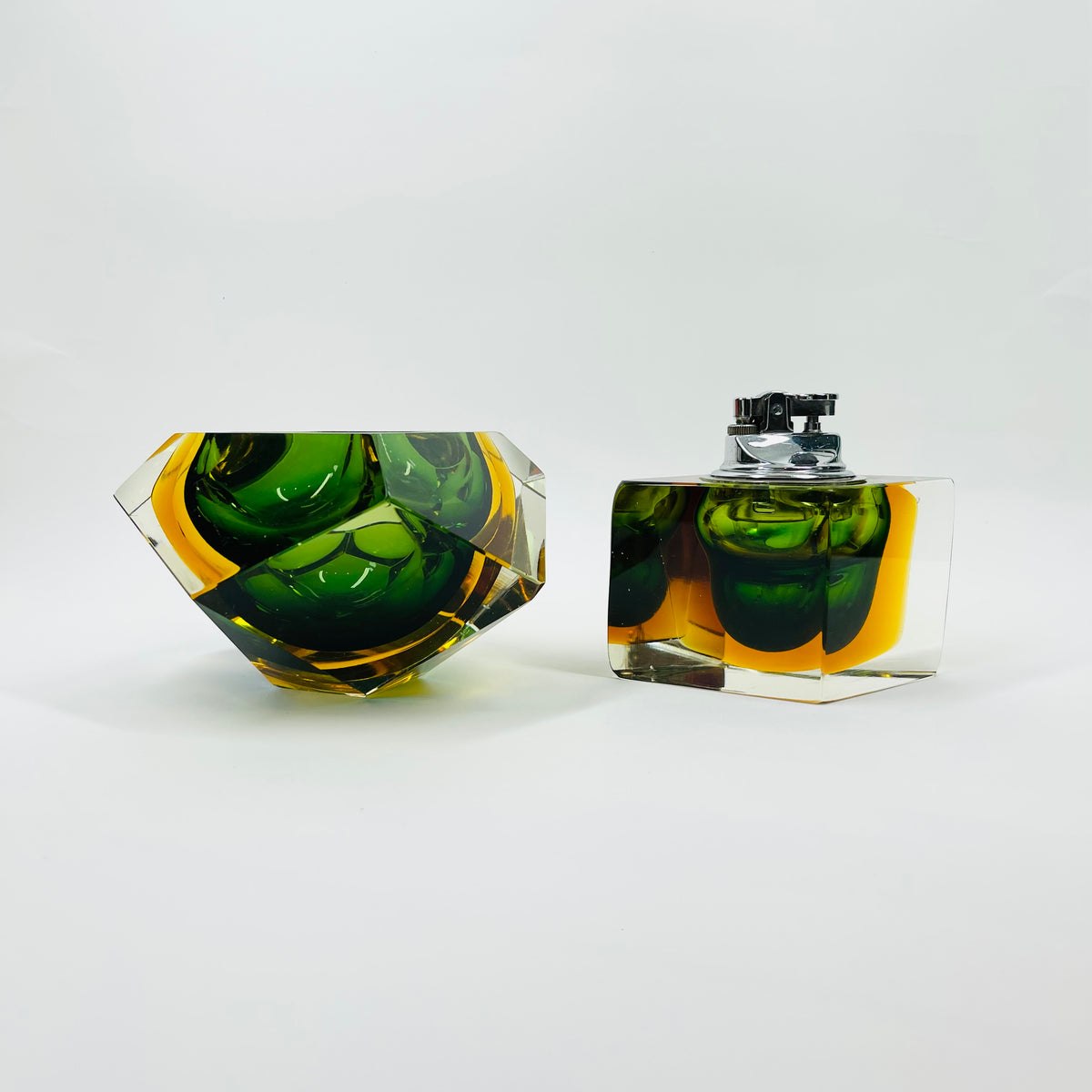1940s GREEN GOLD AMBER MURANO MANDRUZZATO SOMMERSO FACETED GLASS LIGHTER BOX