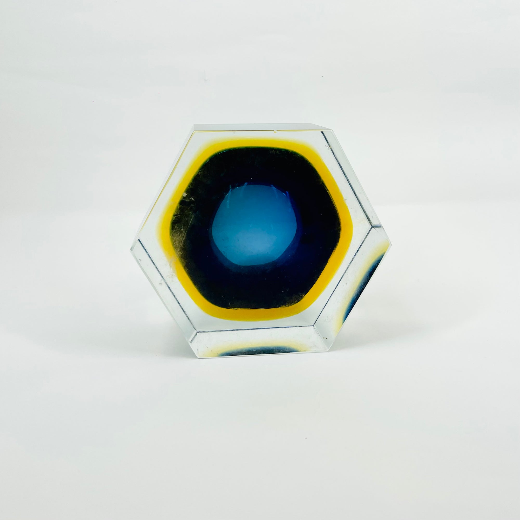 1950s COBALT BLUE TEAL GOLD MURANO MANDRUZZATO SOMMERSO FACETED GLASS HEXAGON BOWL