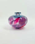 1980s AUSTRALIAN MOUTH BLOWN PINK PURPLE SPATTER ART GLASS SQUAT VASE BY STEPHEN MORRIS