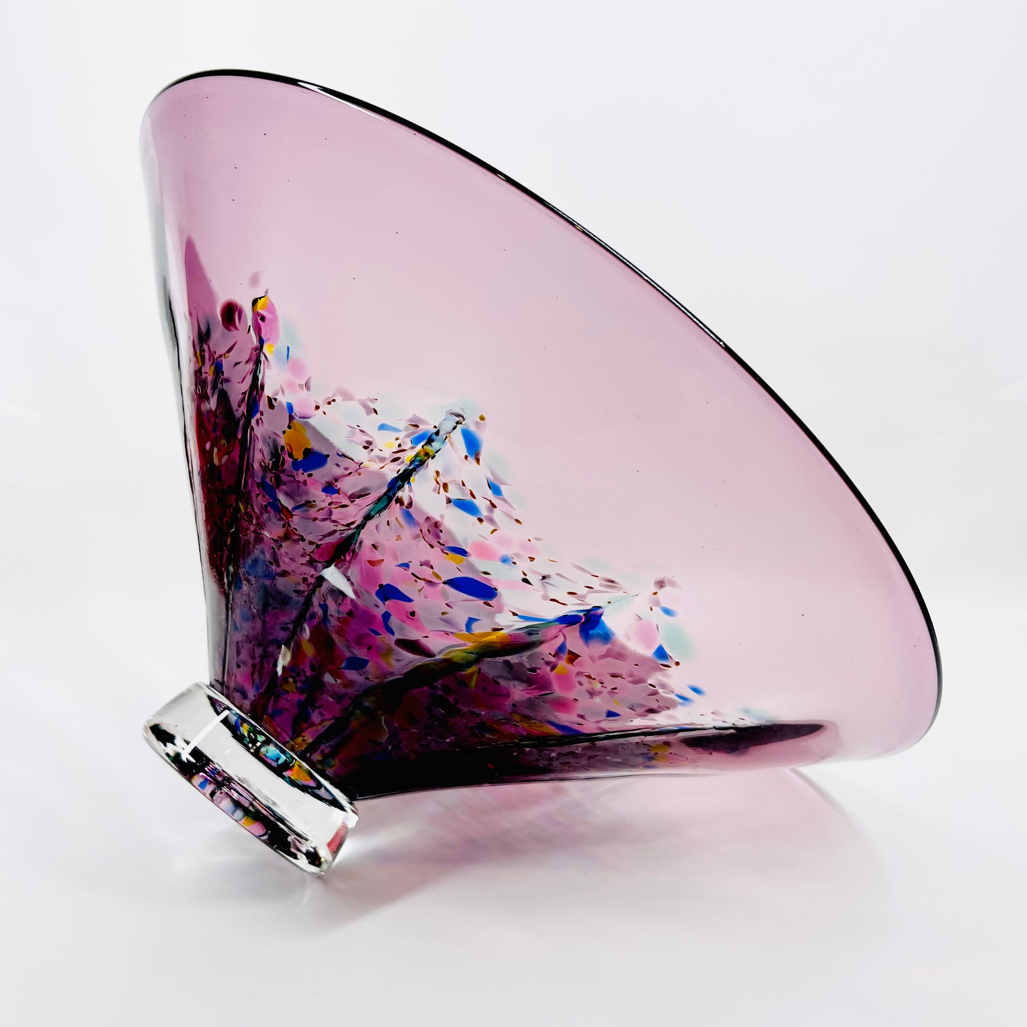 1990s AUSTRALIAN MOUTH BLOWN PINK PURPLE SPATTER ART GLASS BOWL BY MATT LARWOOD