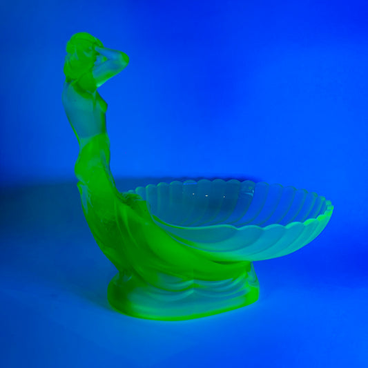 ANTIQUE ART DECO SATIN URANIUM GLASS MERMAID SHELL BOWL