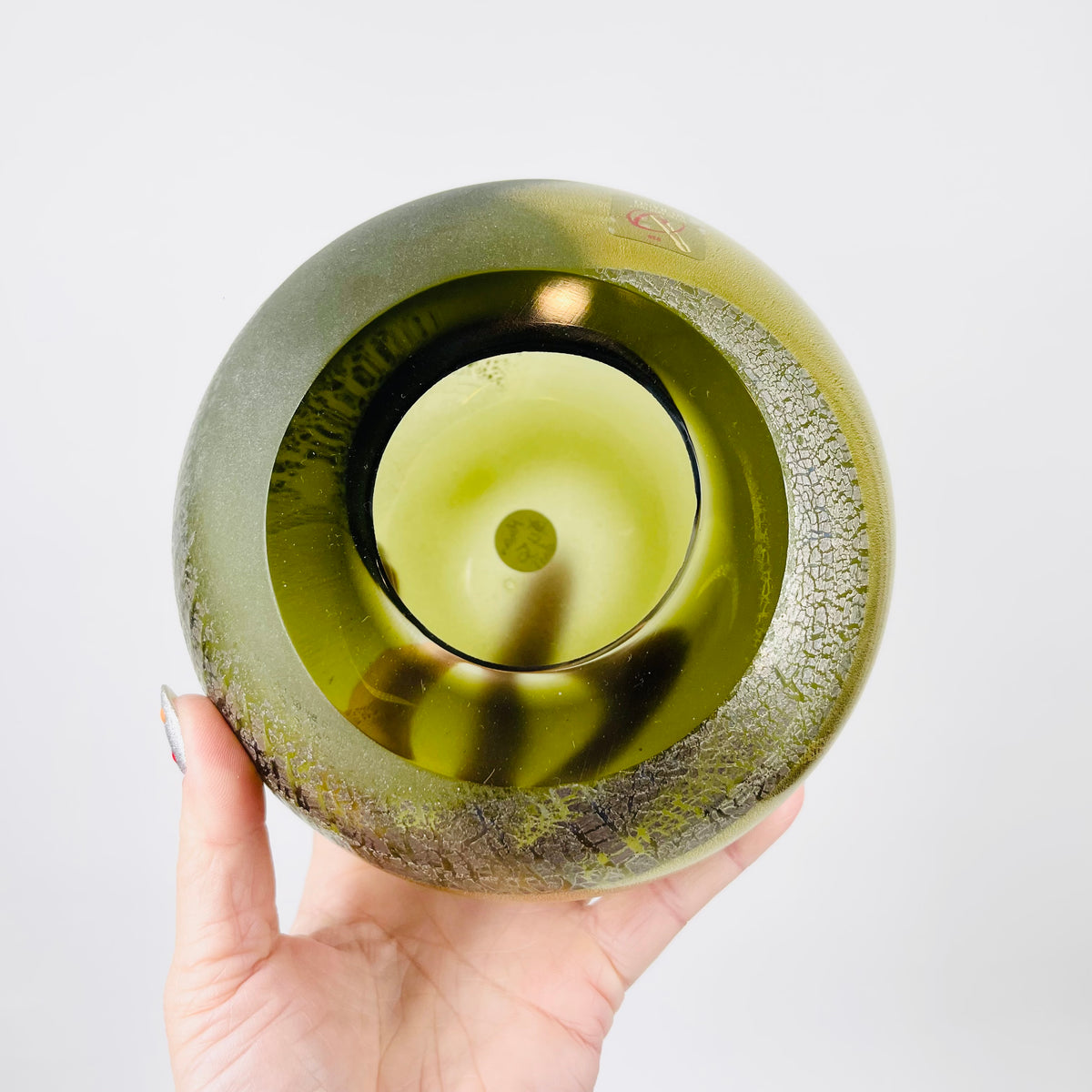 1980s MURANO GREEN SATIN GLASS SQUAT VASE WITH SILVER GOLD AVENTURINE