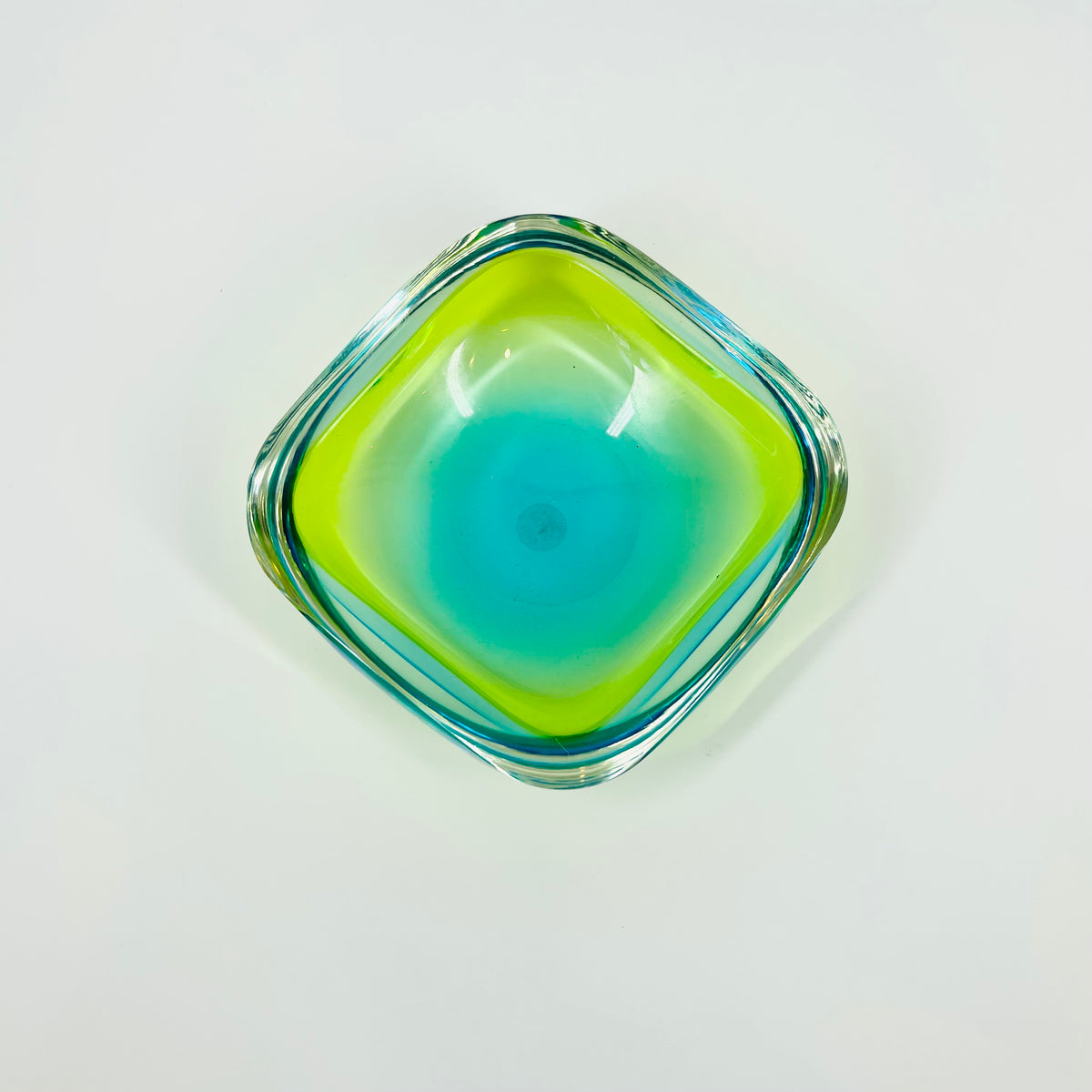 1960s GREEN BLUE PEACOCK HARLEQUIN SOMMERSO FACETED GEODE GLASS BOWL