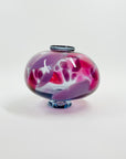 1980s AUSTRALIAN MOUTH BLOWN PINK PURPLE SPATTER ART GLASS SQUAT VASE BY STEPHEN MORRIS