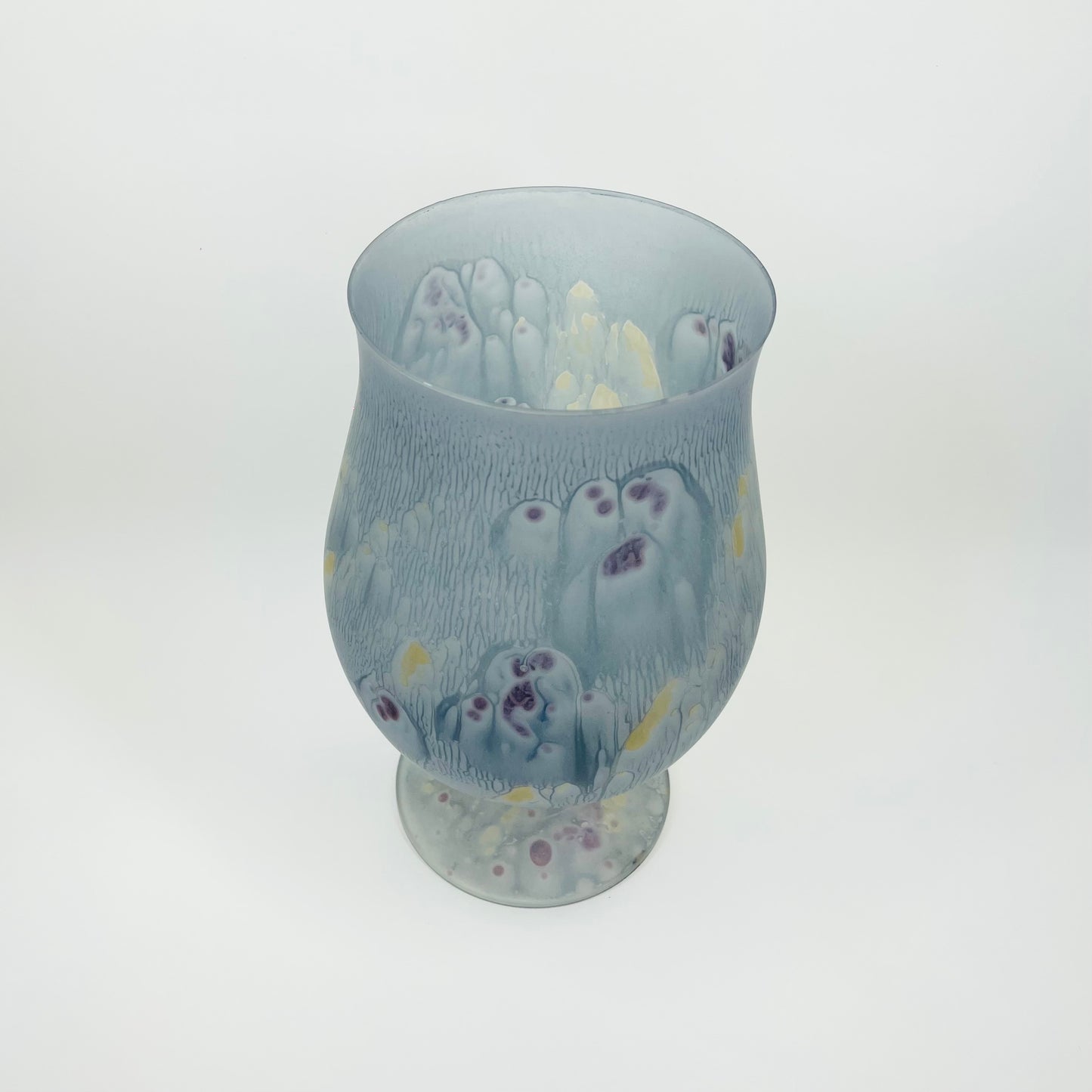 60s LARGE HAND DYED BLUE SIMRON SATIN GLASS FOOTED VASE