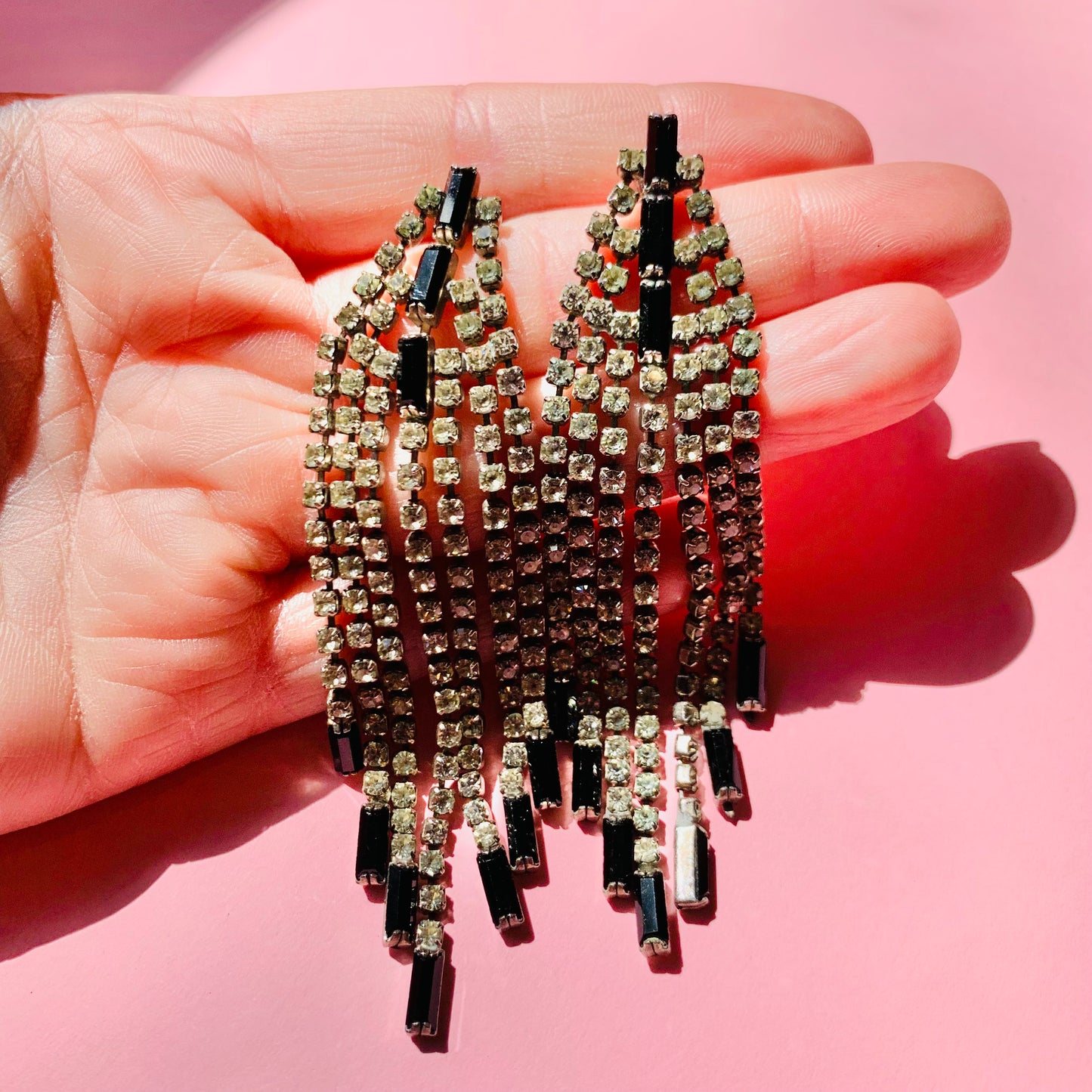 1950s BLACK WHITE DIAMONTE DROP TASSEL EARRINGS