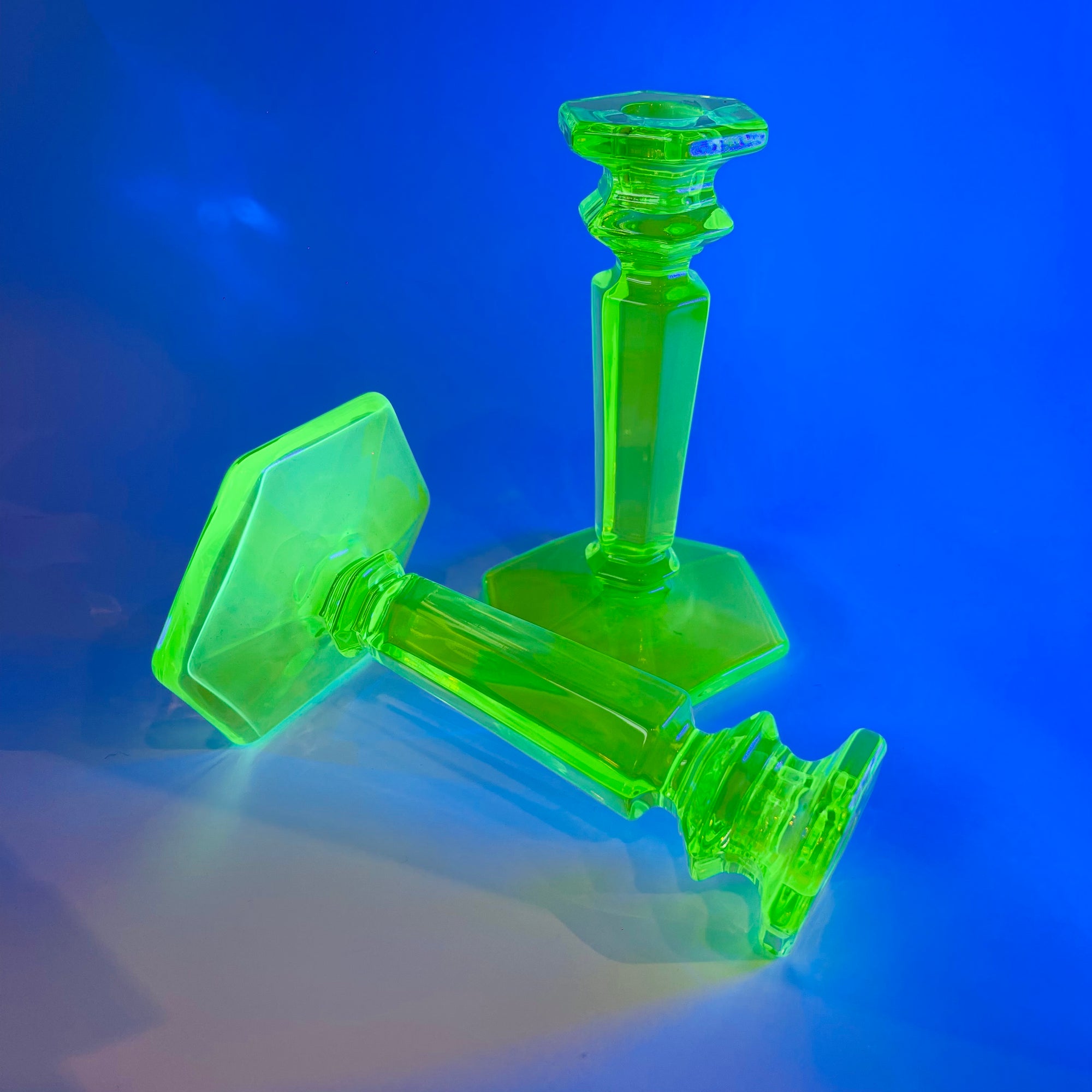 ART DECO URANIUM GLASS CANDLE STICKS