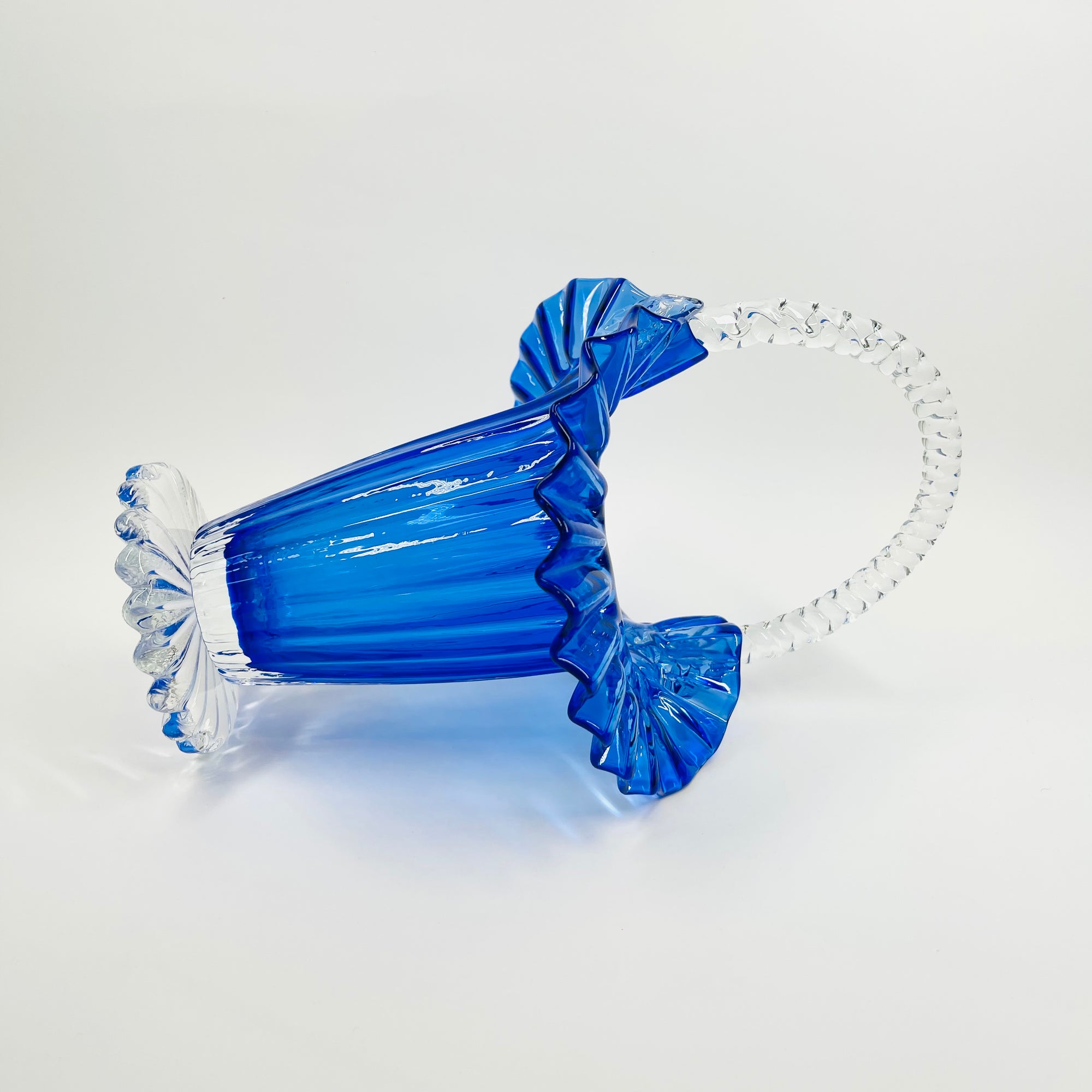 ANTIQUE VICTORIAN COBALT BLUE PRESSED RUFFLE GLASS BASKET/VASE