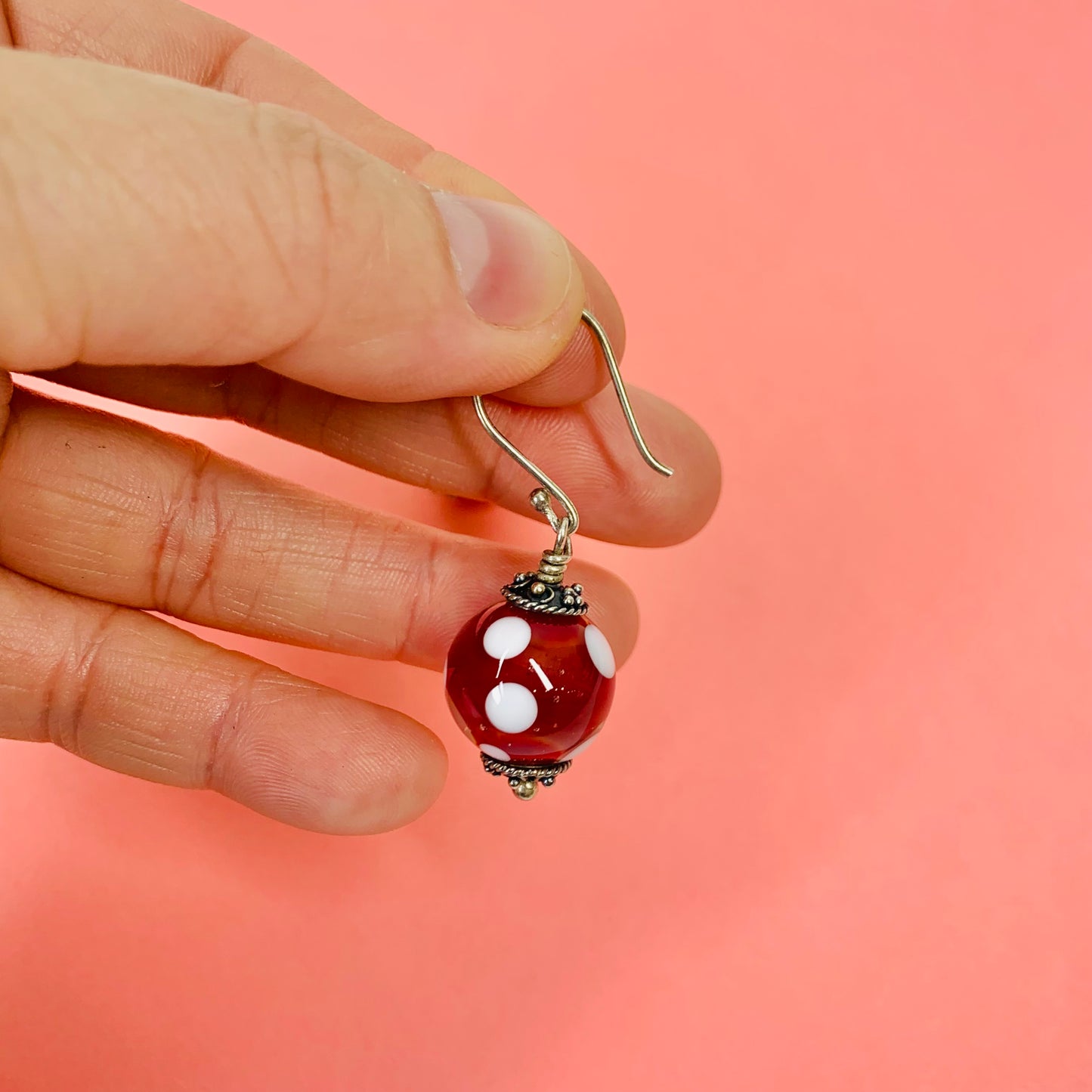 ANTIQUE RED MURANO GLASS BEADS SILVER DROP EARRINGS