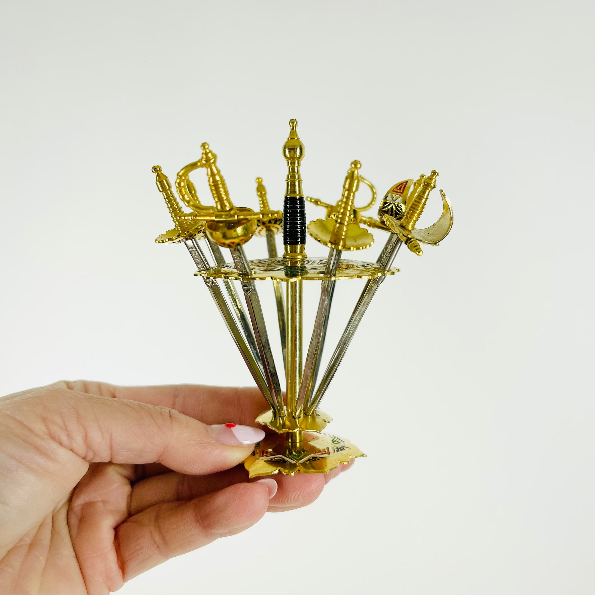 1950s TOLEDO USA ENAMEL SWORD COCKTAIL STICKS SET