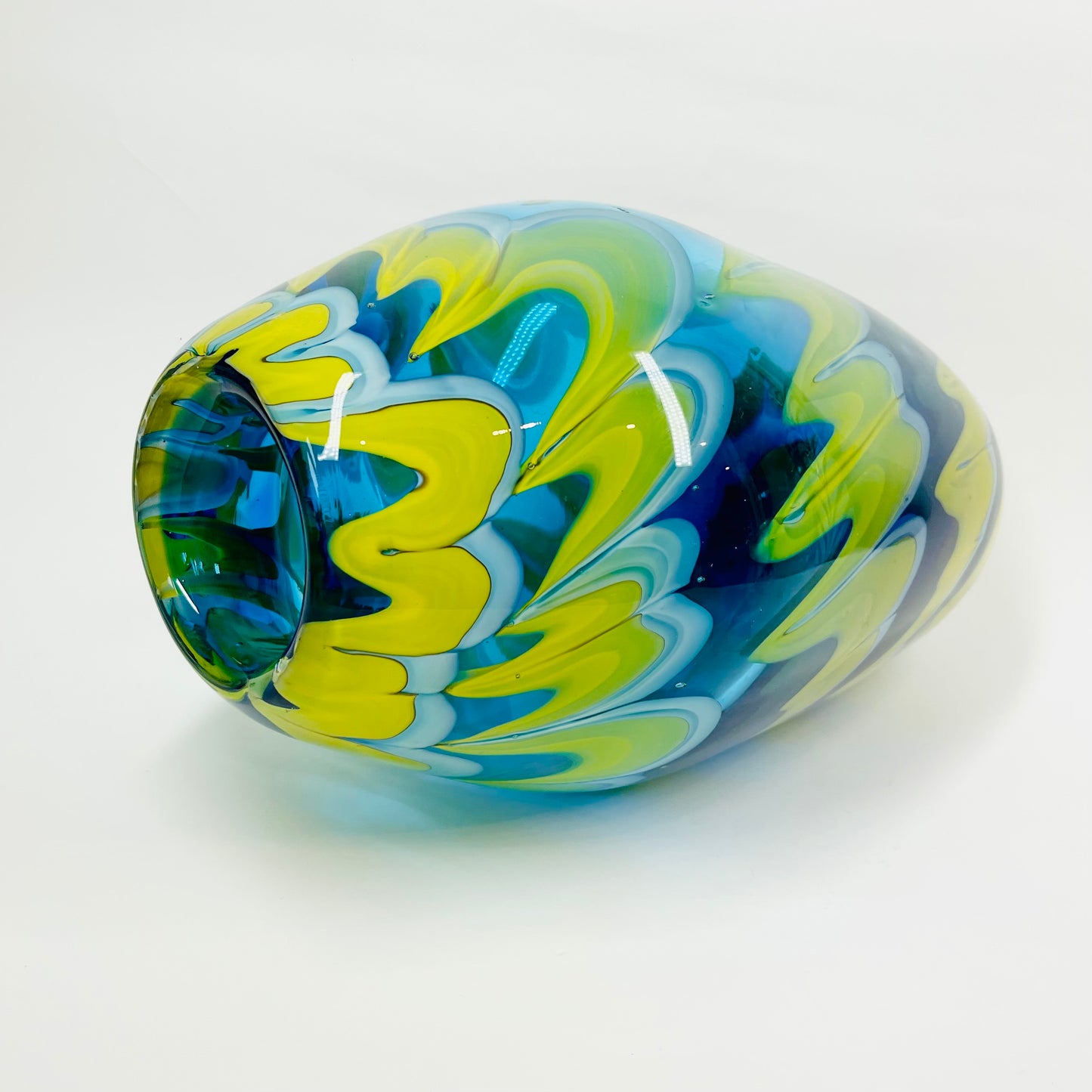 1980s MURANO BLUE YELLOW SWIRLS GLASS VASE