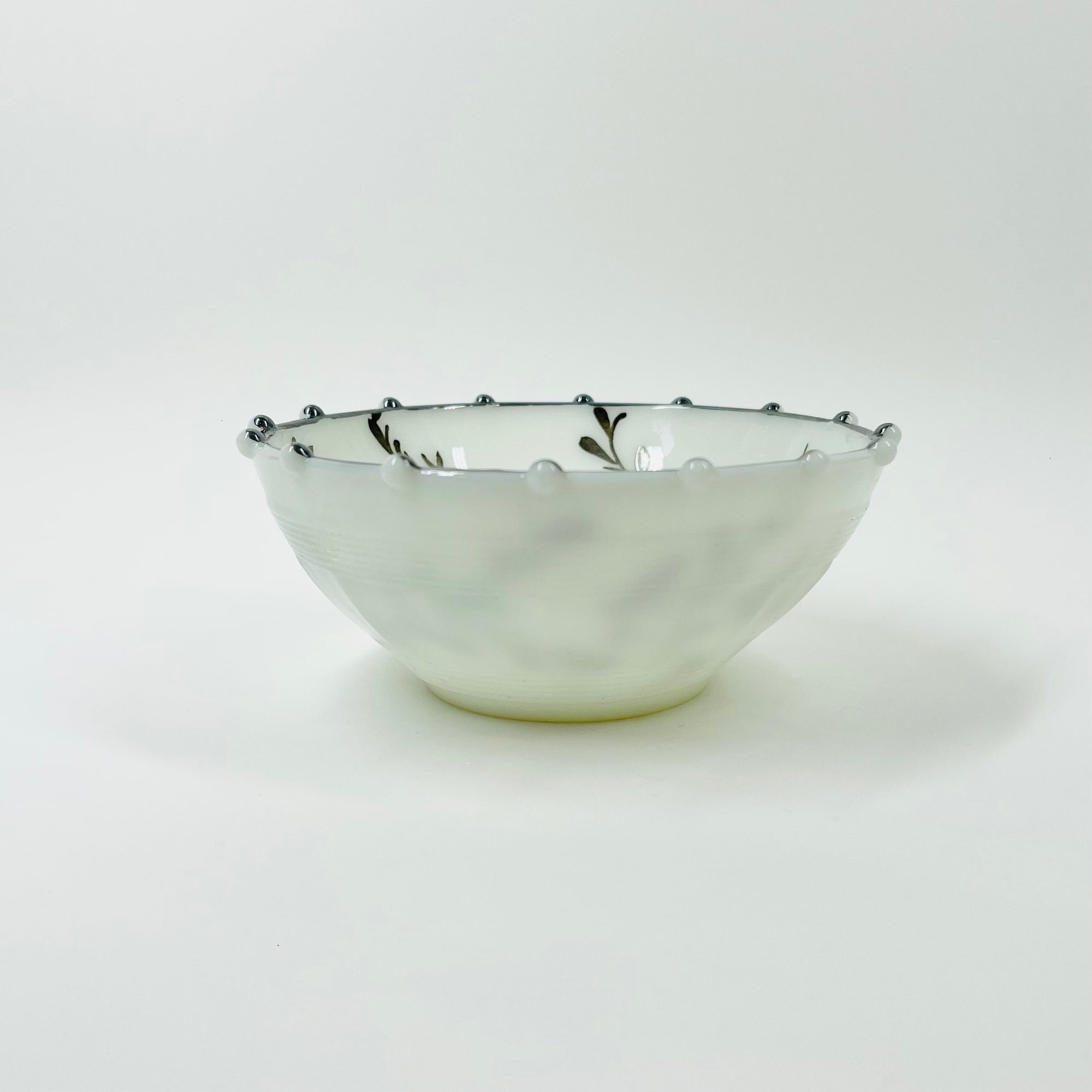 ANTIQUE BAVARIAN SILVER INLAID MILK GLASS DESSERT BOWL