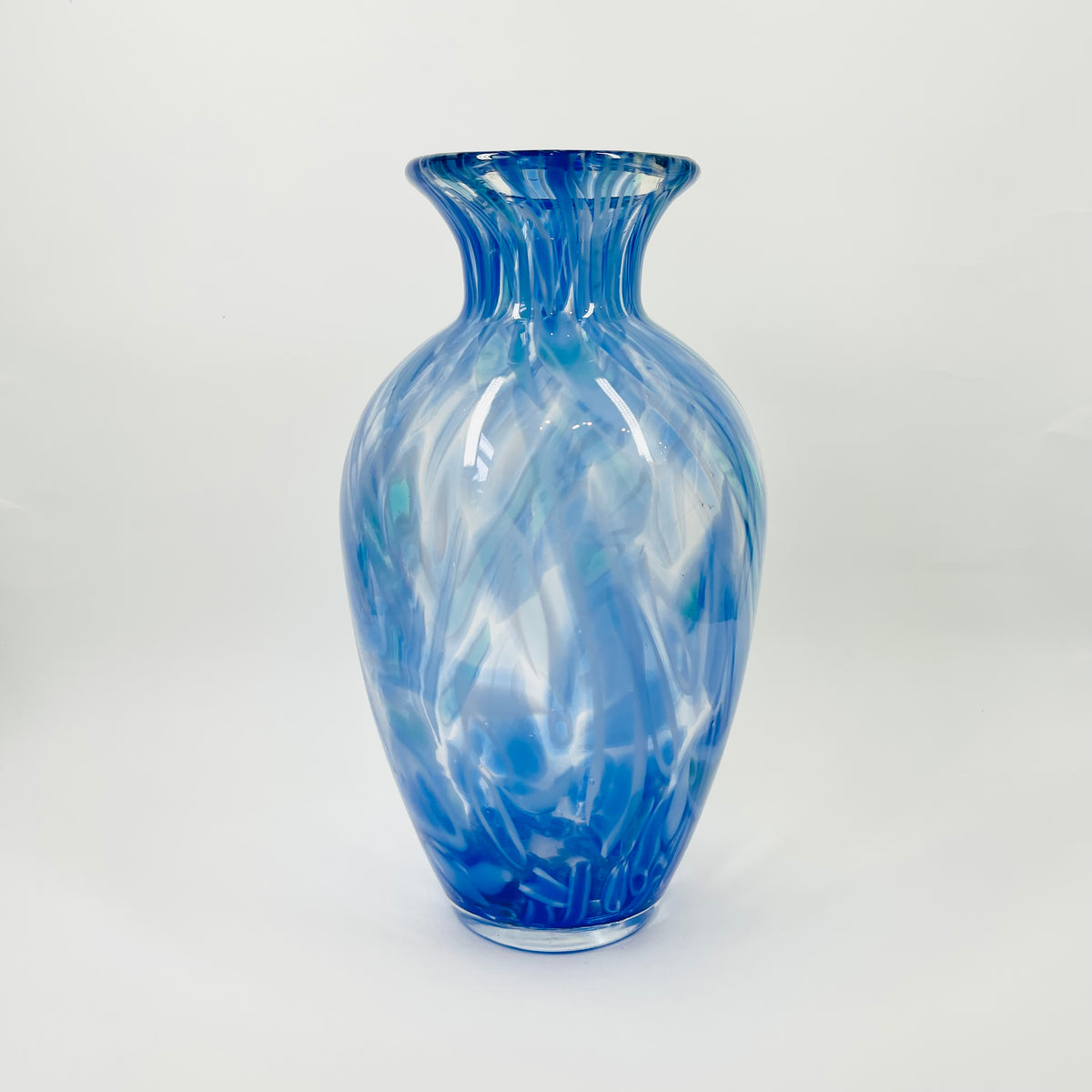 1980s JAPANESE BLUE SPATTER SWIRLS GLASS VASE