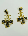 2022 LIMITED EDITION CHANEL BLACK GOLD FOIL CROSS PEARLS DROP PIERCED EARRINGS
