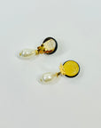 1996 CHANEL CC GOLD DROP PEARL CLIP ON EARRINGS WITH BLACK ENAMEL