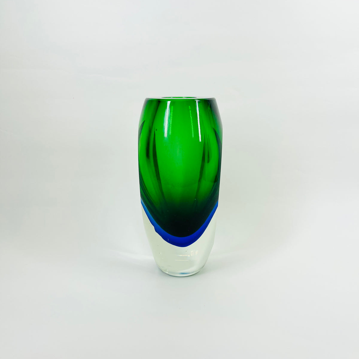 1960s GREEN BLUE HARLEQUIN MURANO SOMMERSO FACETED GLASS BLOCK VASE
