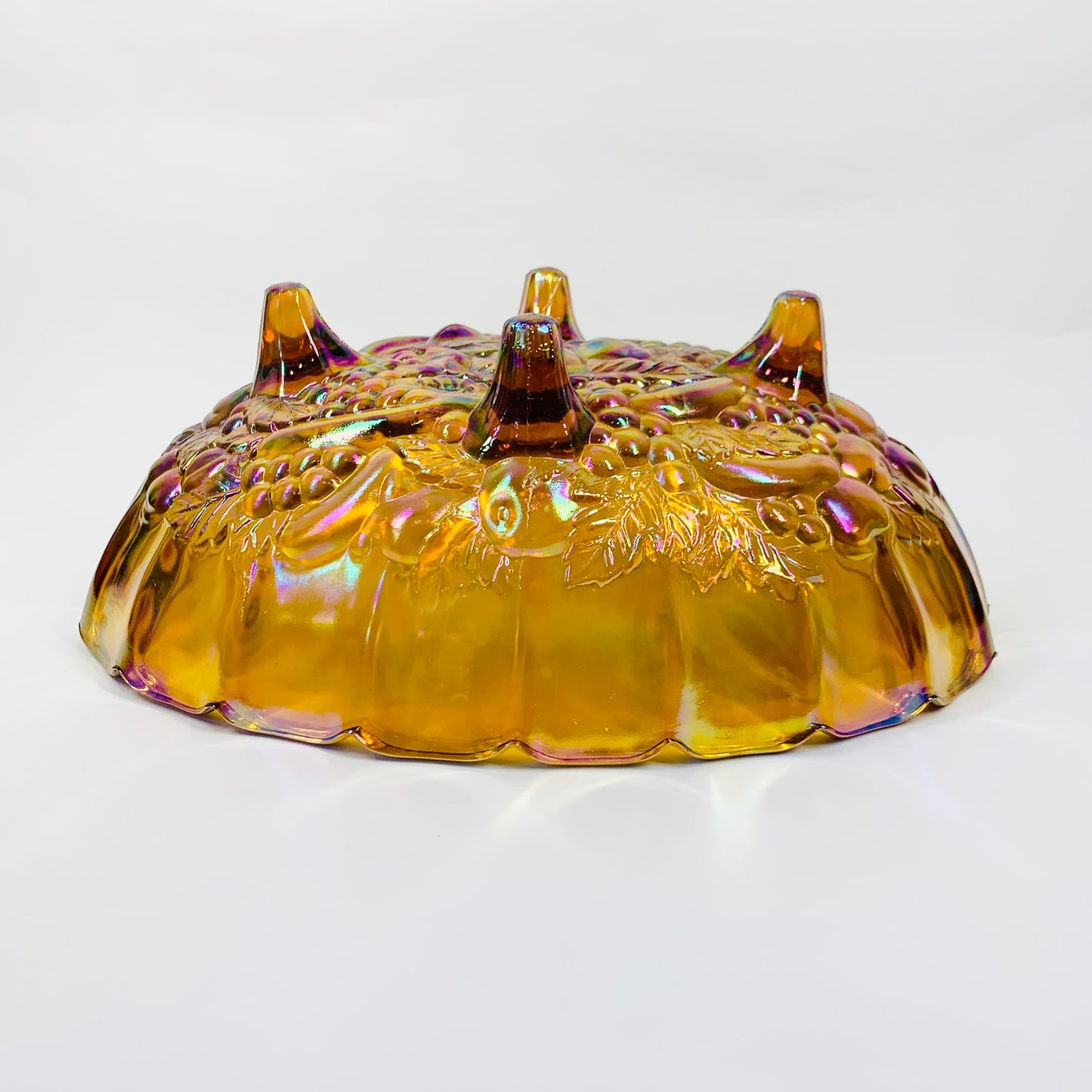 ANTIQUE CARNIVAL PRESSED AMBER GLASS FOOTED BOWL