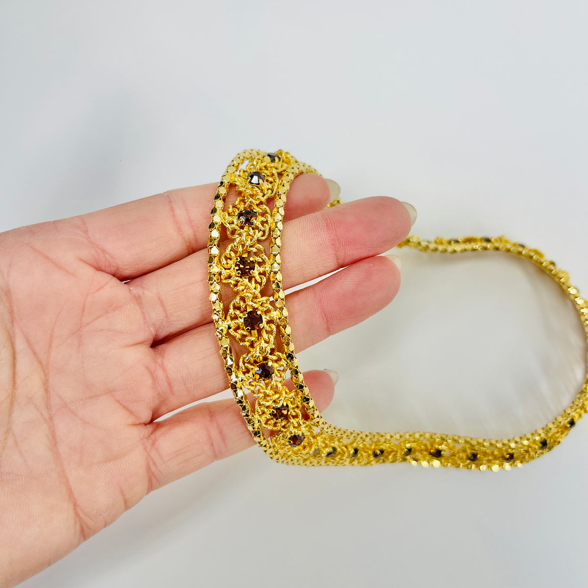 1950s CORO MESH AMBER COGNAC CRYSTALS COLLAR NECKLACE