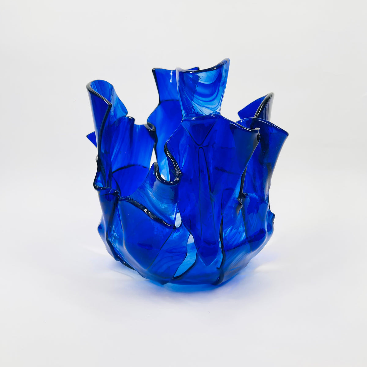 1980s HAND MADE COBALT BLUE FUSED GLASS HANDKERCHIEF BOWL/VASE