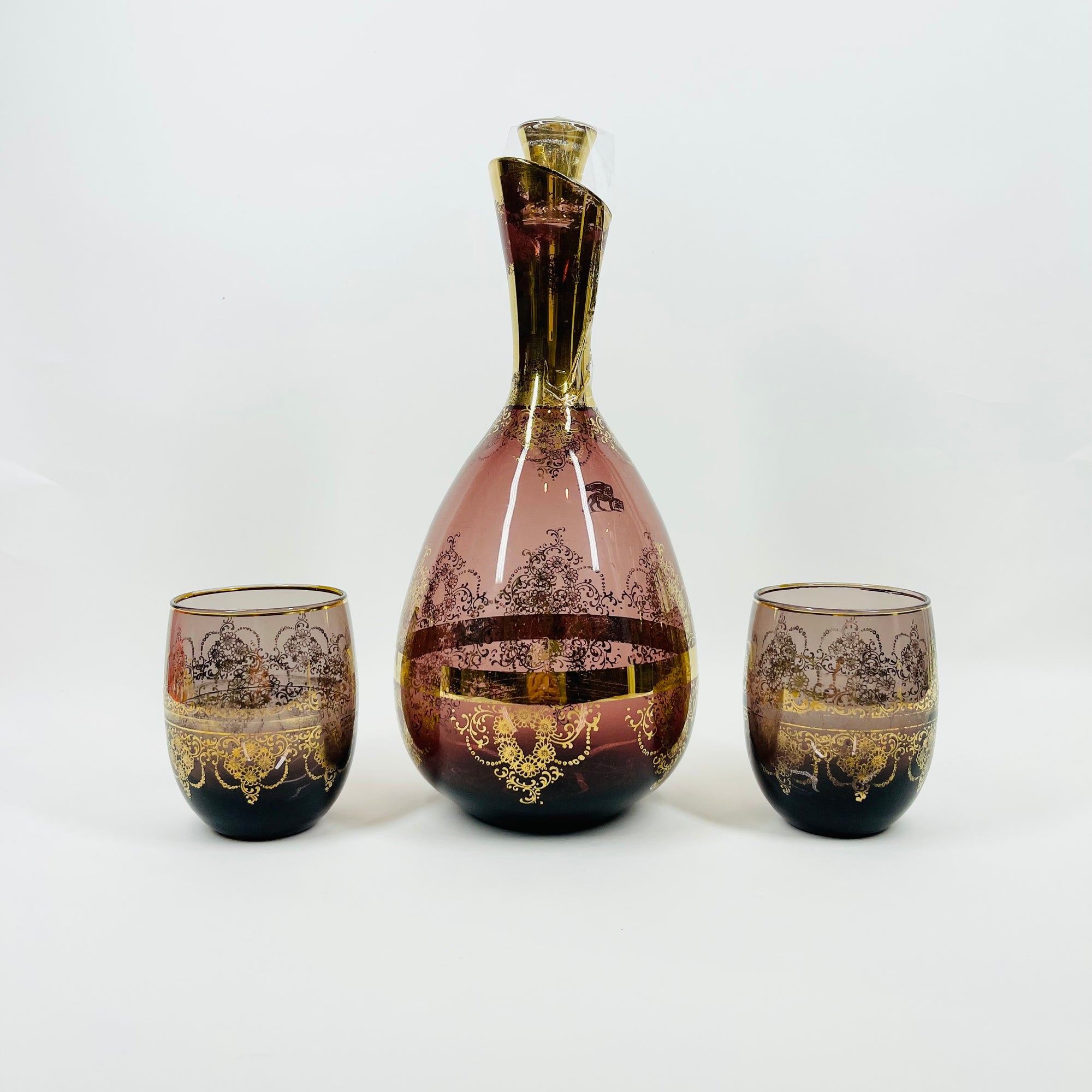 ANTIQUE ITALIAN VENETIAN PURPLE GLASS CARAFE SET WITH GOLD GILDING