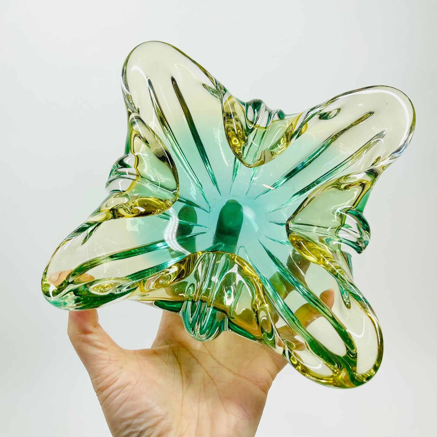 1970s JAPANESE HINERI GREEN YELLOW SOMMERSO GLASS ASHTRAY