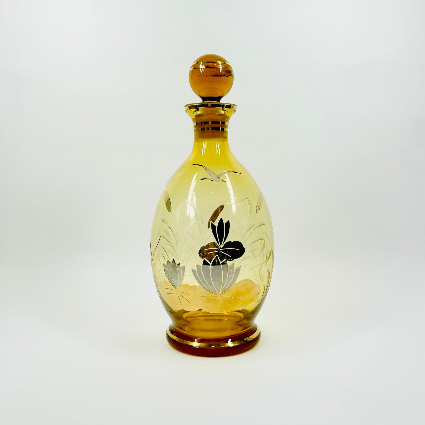 1940s AMBER GOLD SILVER GILDED GLASS DECANTER SET