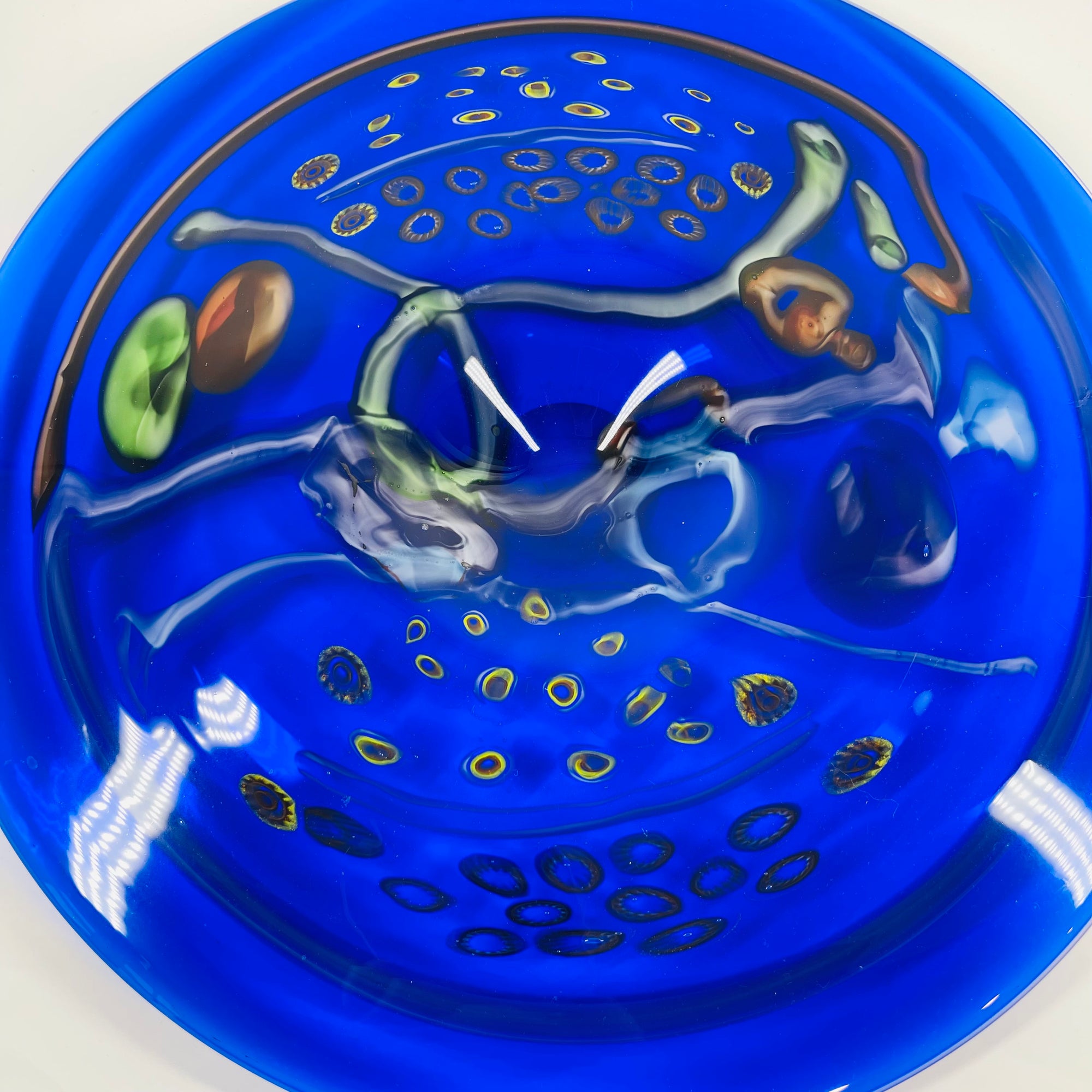 LARGE ANTIQUE COBALT BLUE MURANO GLASS CHARGER PLATE/SHALLOW BOWL WITH MILLEFIORI &amp; MURRINE DECORATIONS