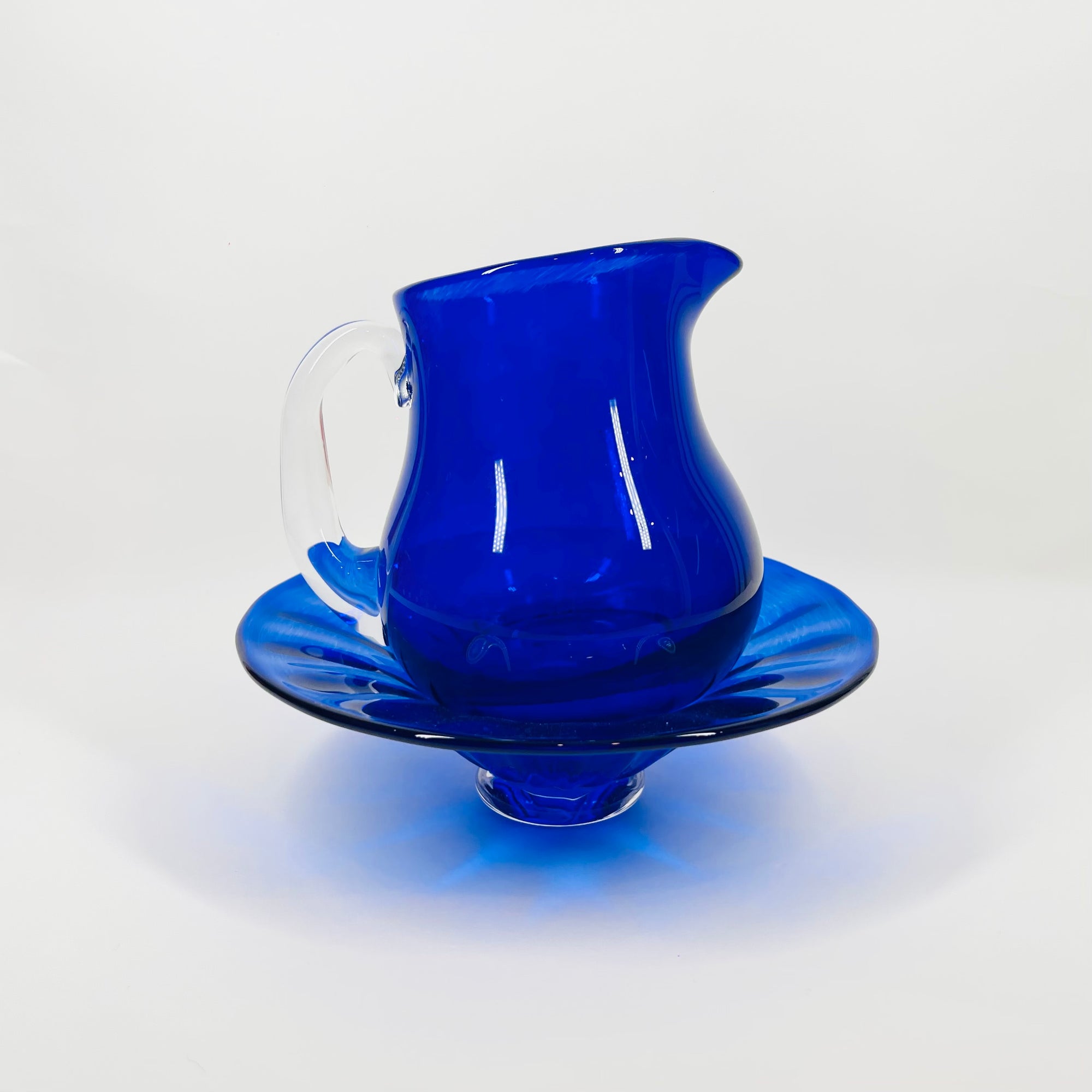 1980s MOUTH BLOWN COBALT BLUE SPATTER GLASS COMPORT/BOWL