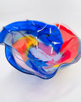 1986 SIGNED HAND MADE HARLEQUIN CAMEO COBALT BLUE BASE SPATTER ART GLASS XL BOWL BY JOHN MACPHERSON