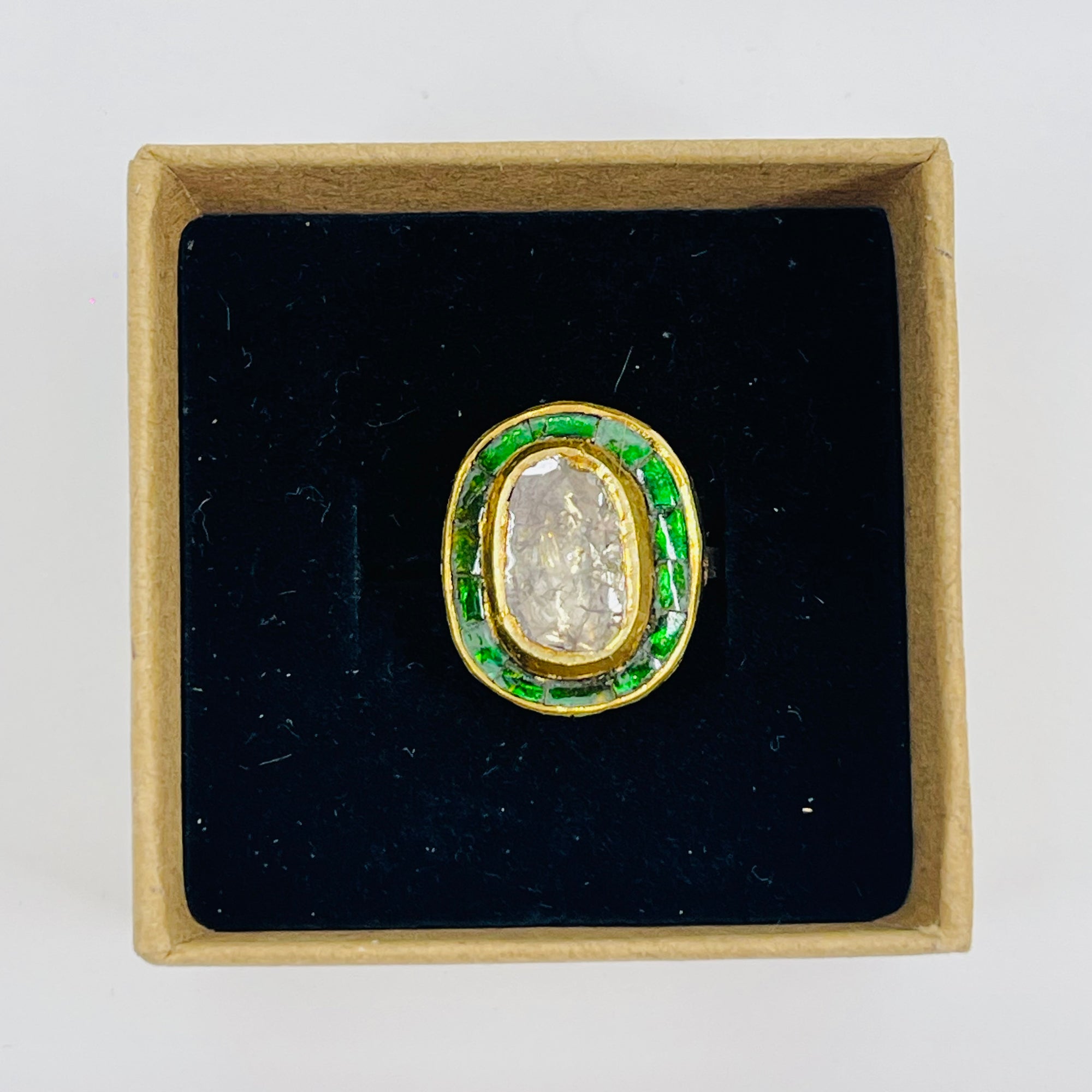 ANTIQUE 22K GOLD INDIAN POLKI RAW DIAMOND RING WITH GREEN ENAMEL