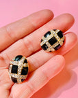 1980s BLACK ENAMEL WEAVED DIAMANTE CLIP ON EARRINGS