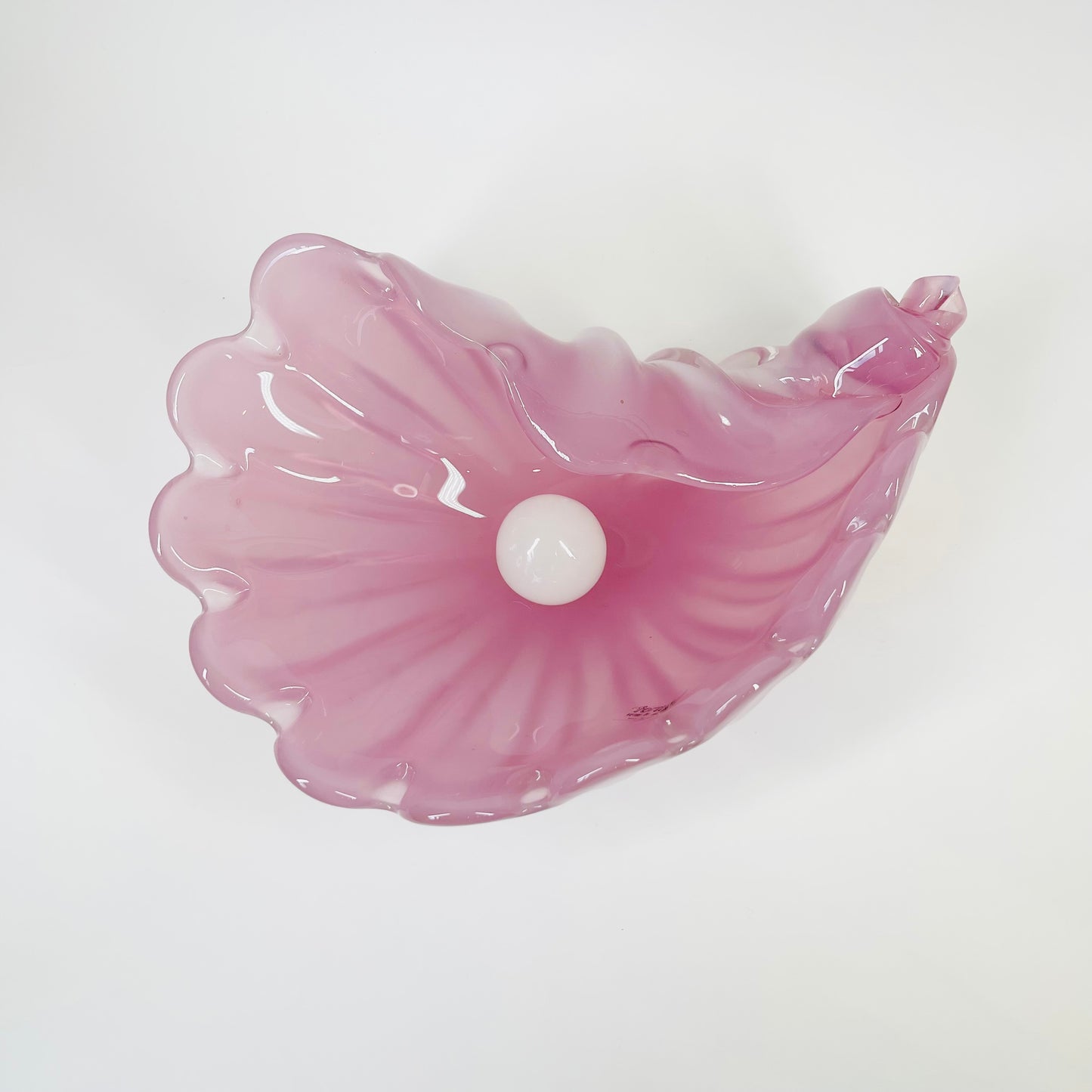 1950s PINK MURANO OPALINE GLASS SHELL BOWL WITH PEARL