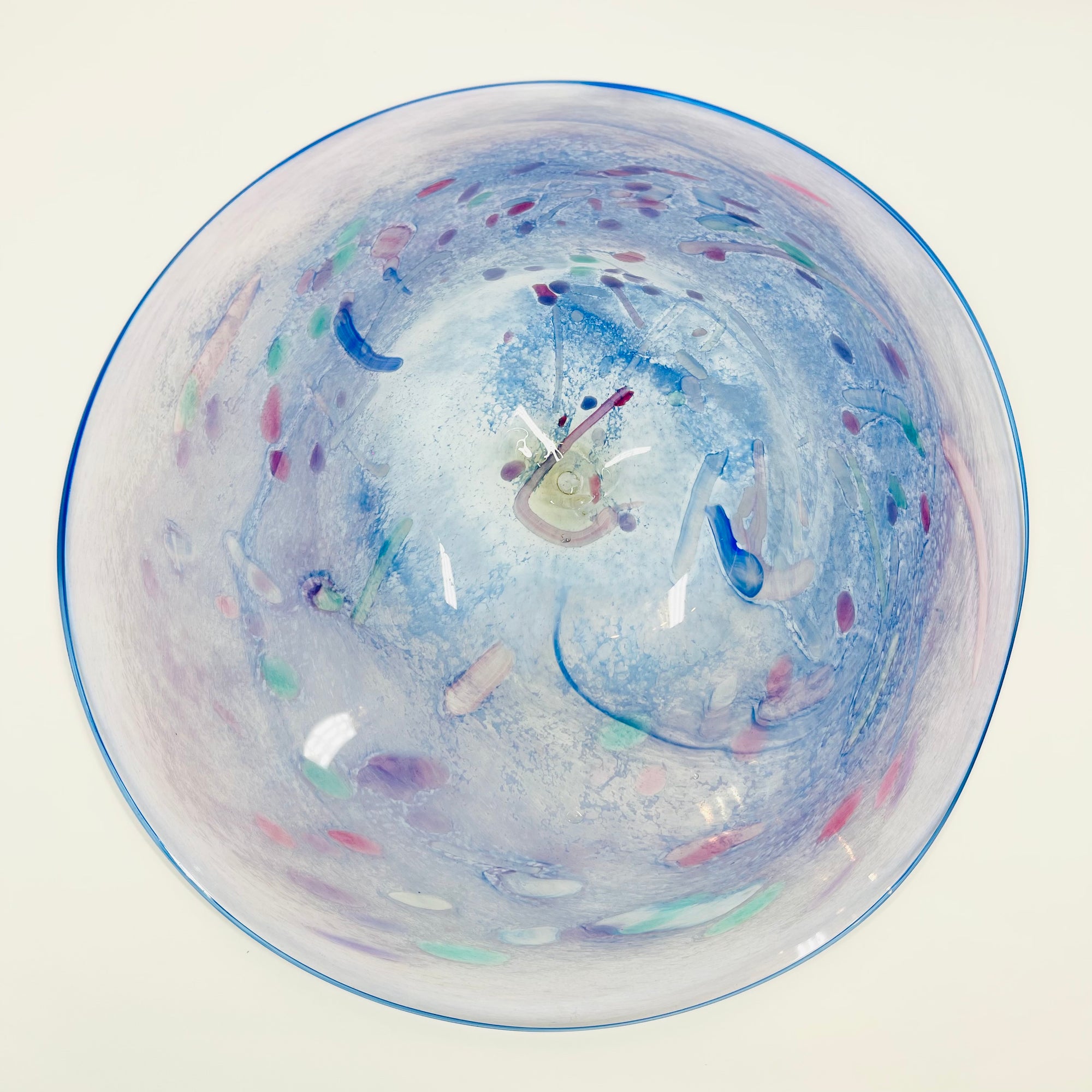 1980s MOUTH BLOWN PURPLE BLUE CONFETTI ART GLASS BOWL BY SETSUKO OGISHI