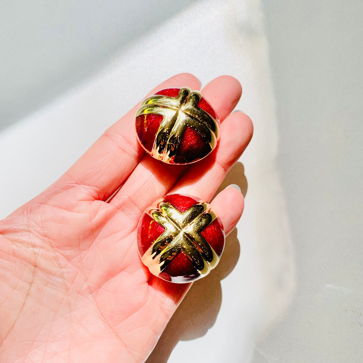 1980s LARGE BURGUNDY ENAMEL CLIP ON EARRINGS