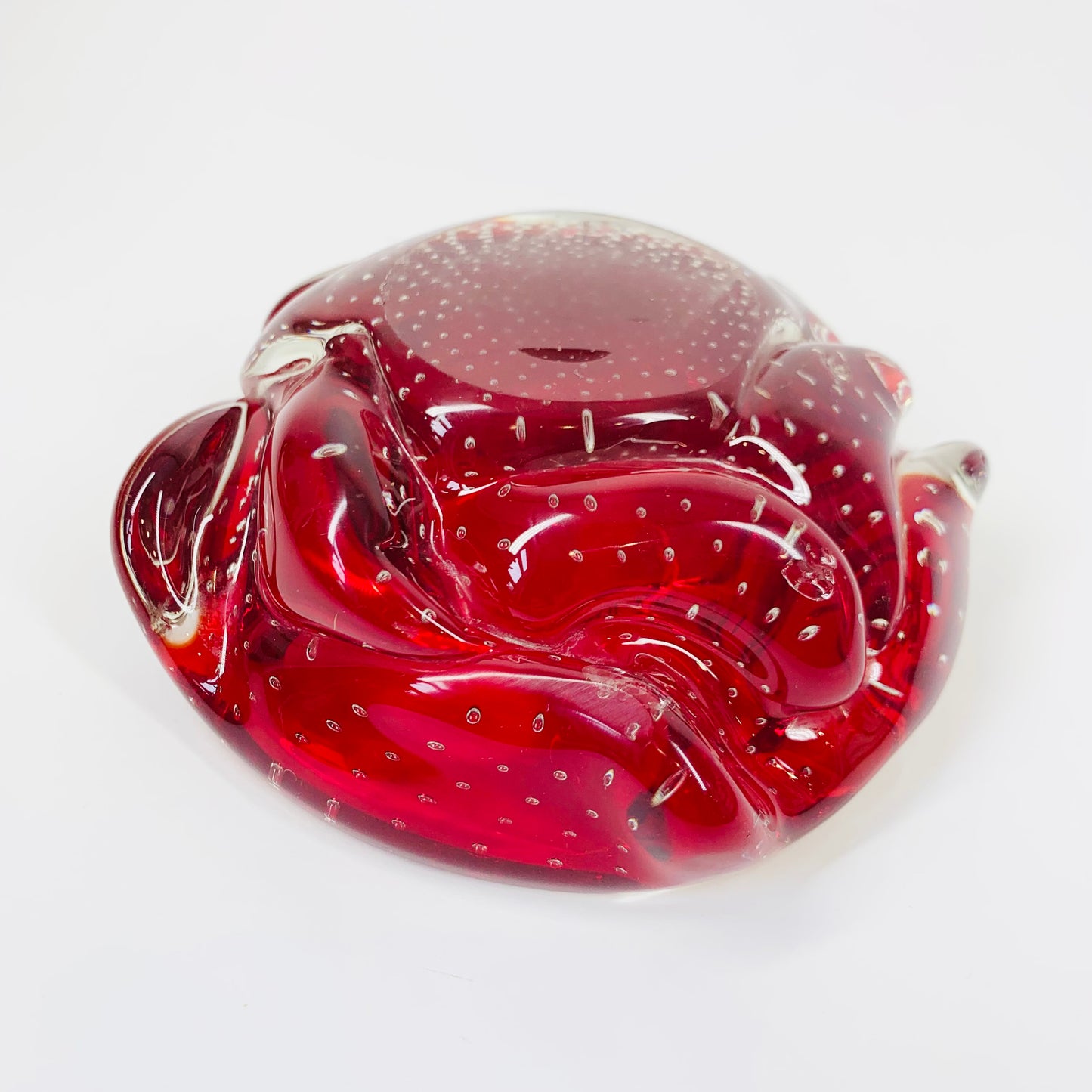 1950s MURANO RED BULLICANTE PINCHED BOWL/ASHTRAY