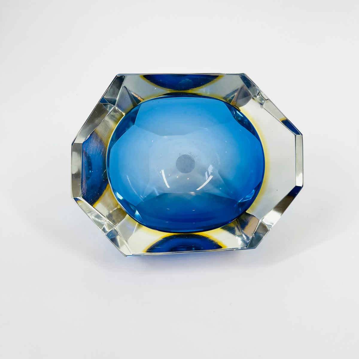 1950s MURANO MANDRUZZATO COBALT BLUE YELLOW SOMMERSO DIAMOND FACETED RECTANGULAR GLASS BOWL