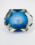 1950s MURANO MANDRUZZATO COBALT BLUE YELLOW SOMMERSO DIAMOND FACETED RECTANGULAR GLASS BOWL