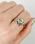 1950s 9K MIXED 14K WHITE YELLOW GOLD DIAMOND SAPPHIRE SNOW LEOPARD RING (M)