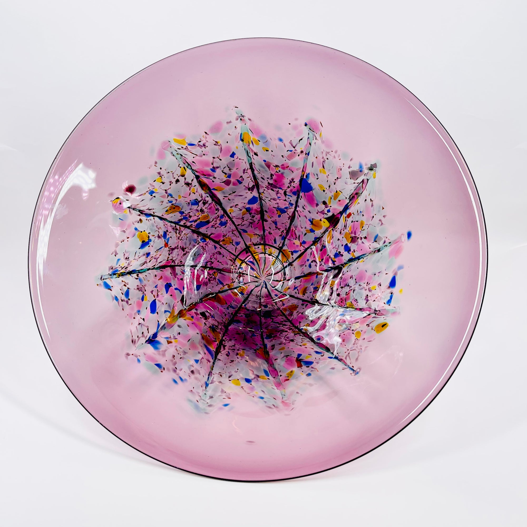 1990s AUSTRALIAN MOUTH BLOWN PINK PURPLE SPATTER ART GLASS BOWL BY MATT LARWOOD