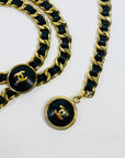 2006 CHANEL MATELASSE BLACK LEATHER GOLD PLATED LOGO BELT WITH LEATHER LOGO MEDALLIONS