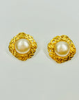 1998 CHANEL CC GOLD LOGO COSTUME PEARL BUTTON CLIP ON EARRINGS
