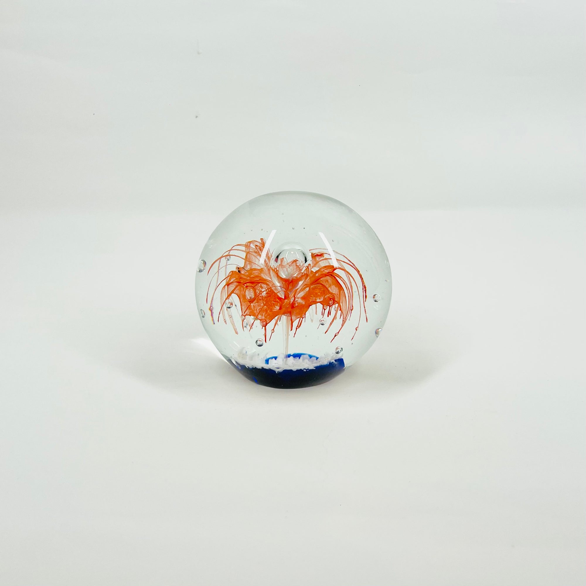 1980s ORANGE BLUE ABSTRACT SPATTER ART GLASS PAPERWEIGHT