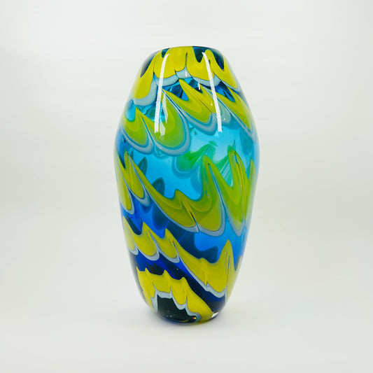 1980s MURANO BLUE YELLOW SWIRLS GLASS VASE