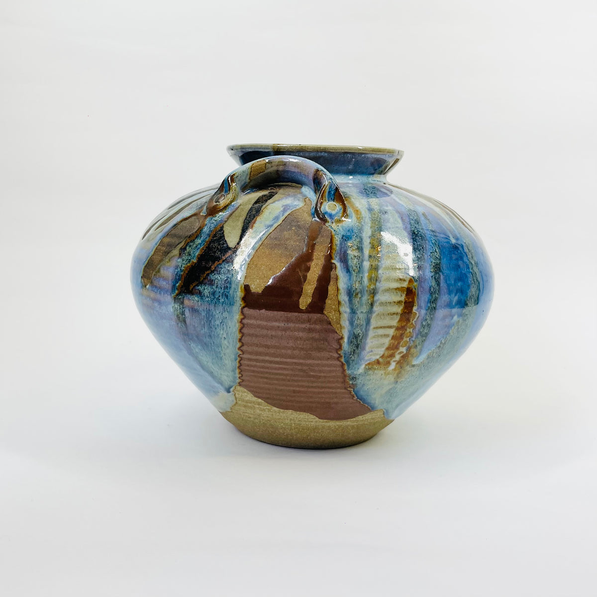 1980s AUSTRALIAN BLUE BROWN GLAZED POTTERY AMPHORA VASE
