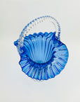 ANTIQUE VICTORIAN COBALT BLUE PRESSED RUFFLE GLASS BASKET/VASE