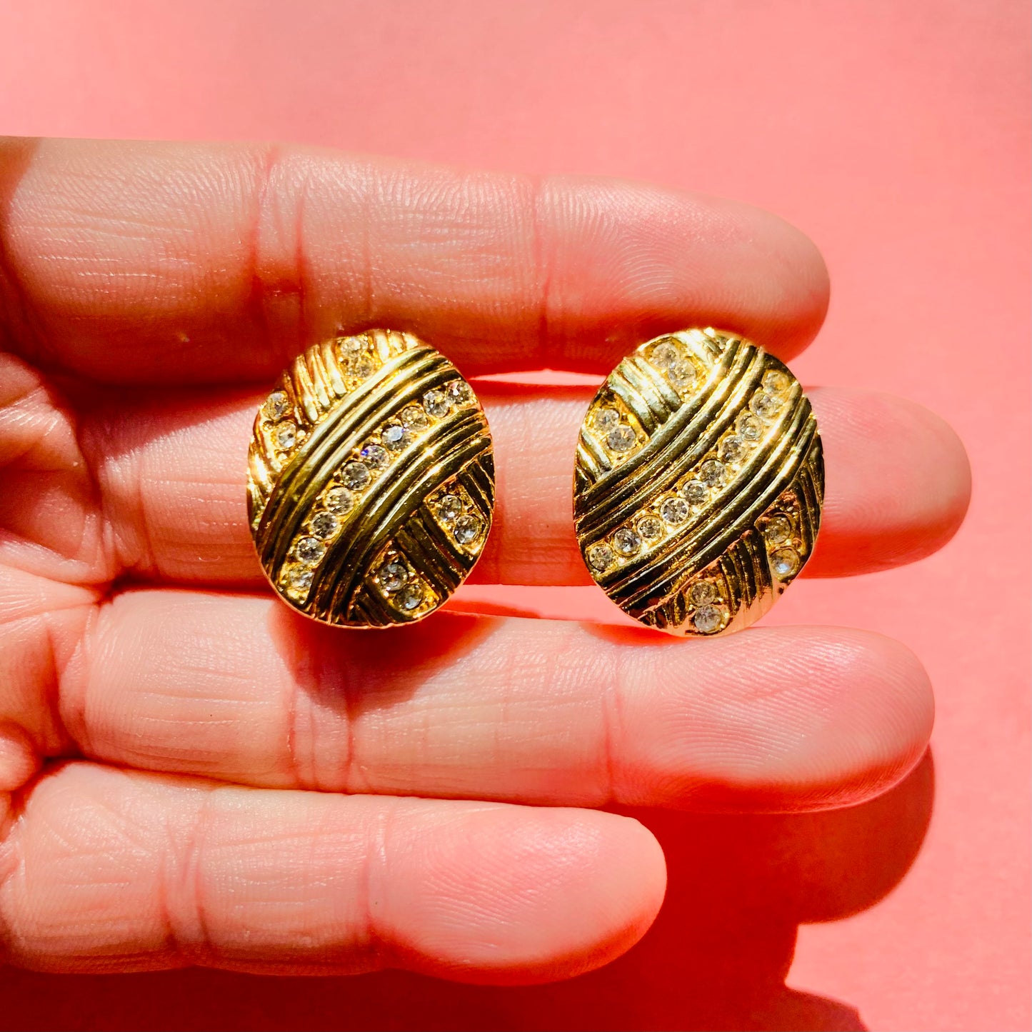 1960s OVAL BUTTON CLIP ON EARRINGS WITH DIAMANTE